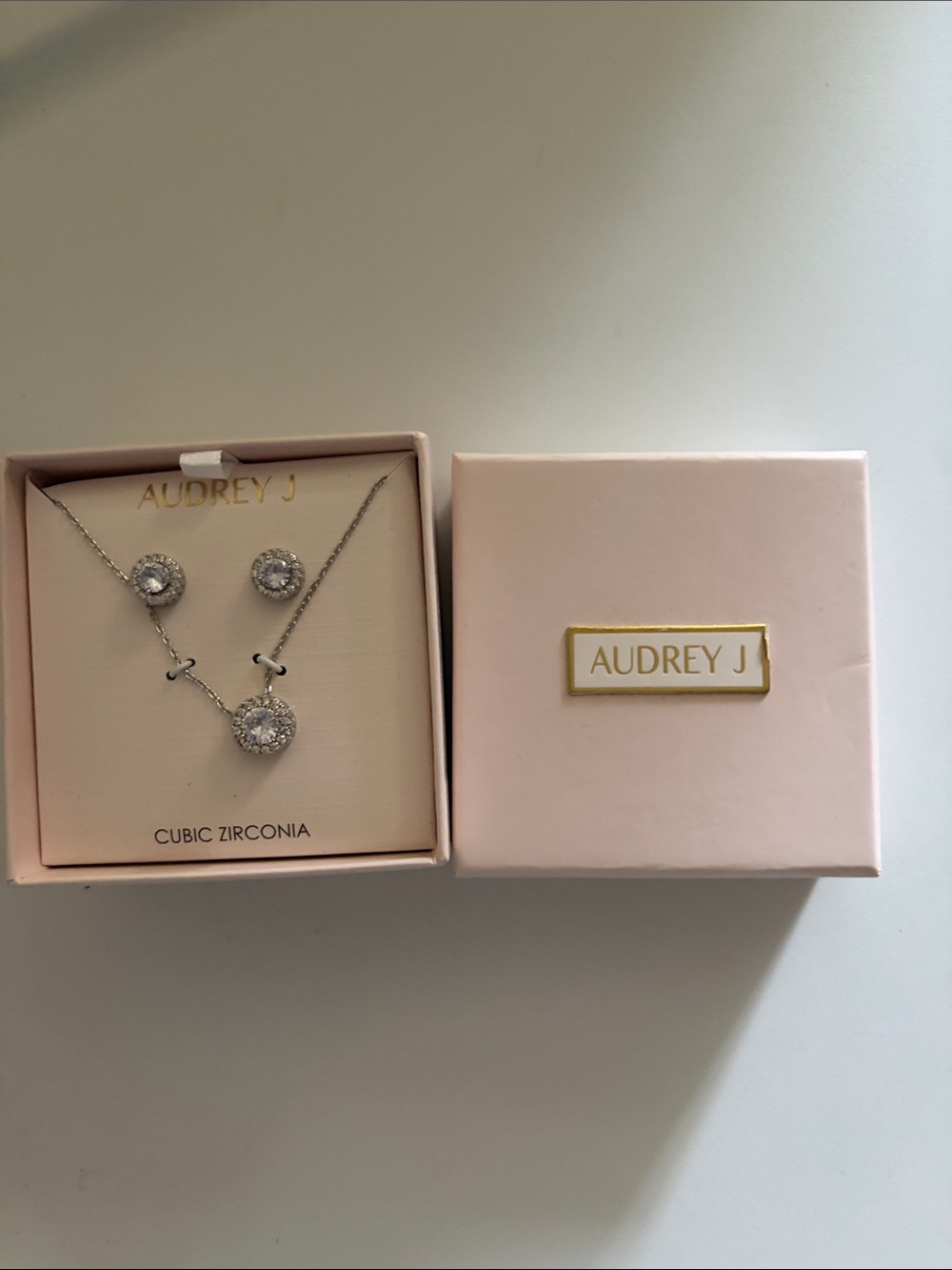 audrey Silver Cubic Zirconia Necklace and Stud Earring Set with Pink Box